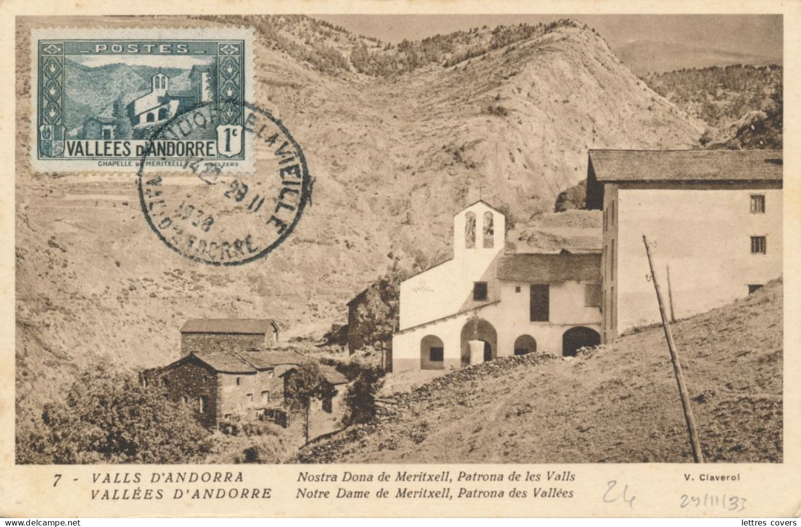 1933 ANDORRE Carte Maximum N° 24 Chapelle De Meritxell Obl 29/11/33  - Andorra Maxi Card PC - Maximumkarten (MC)