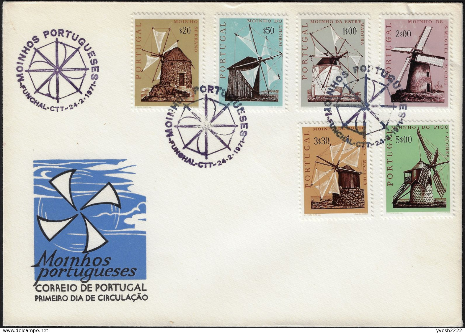 Portugal 1971 Y&T 1101 à 1106. FDC, Enveloppe Illustrée 1er Jour. Moulins à Vent - Molens