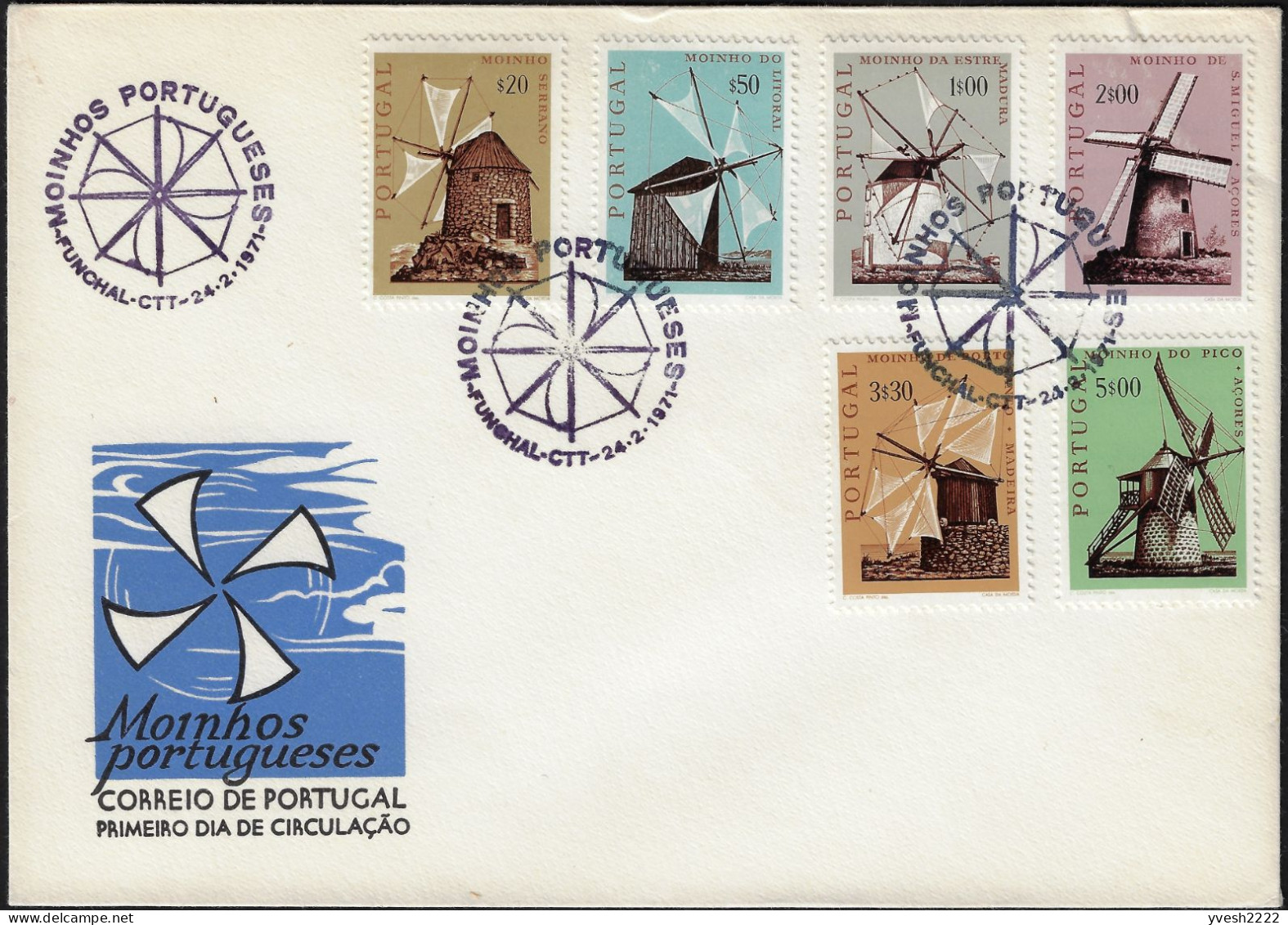 Portugal 1971 Y&T 1101 à 1106. FDC, Enveloppe Illustrée 1er Jour. Moulins à Vent - Moulins