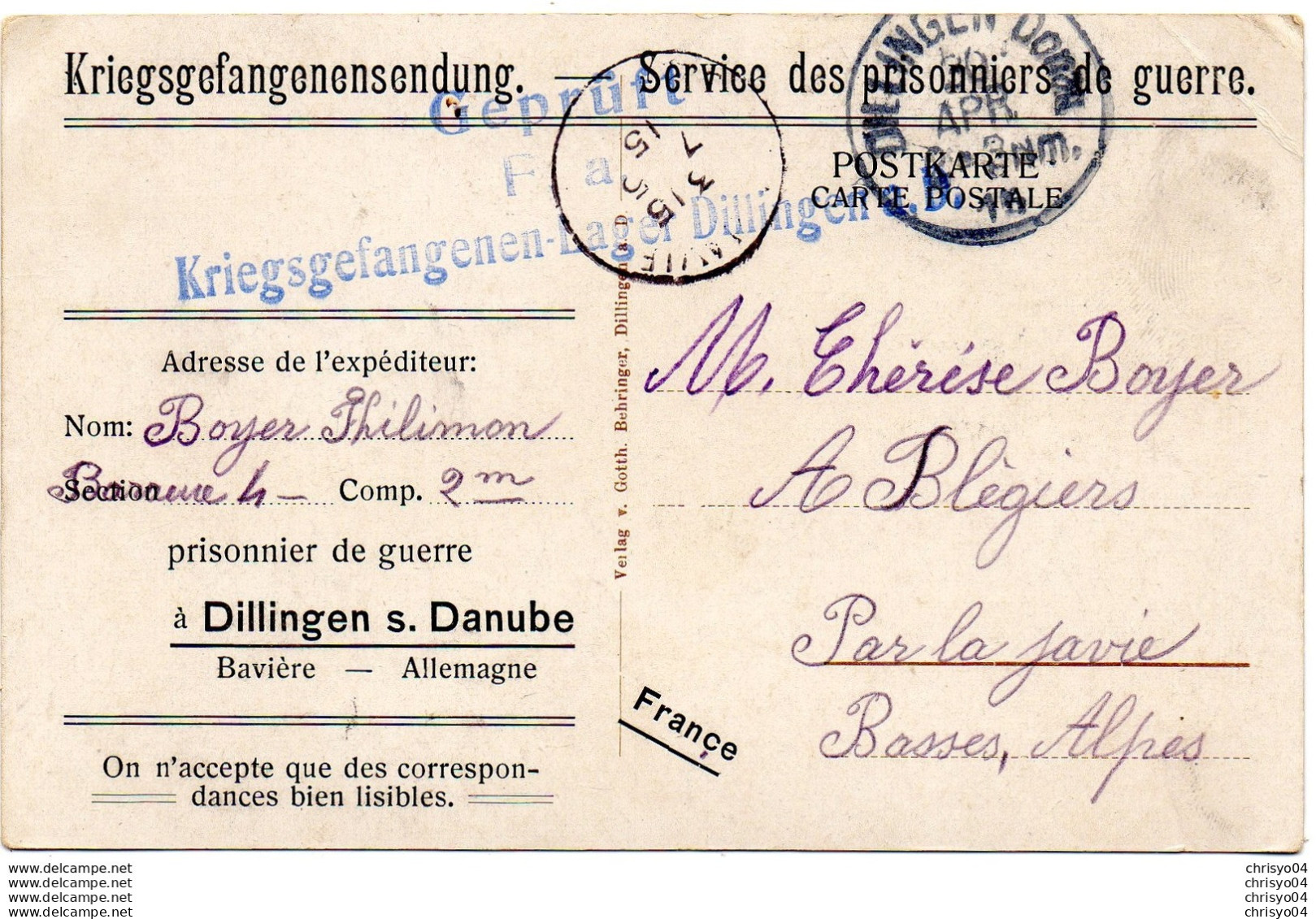 78Sm  Allemagne Dillingen A.D  V° Correspondance Sce Prisonniers De Guerre - Dillingen