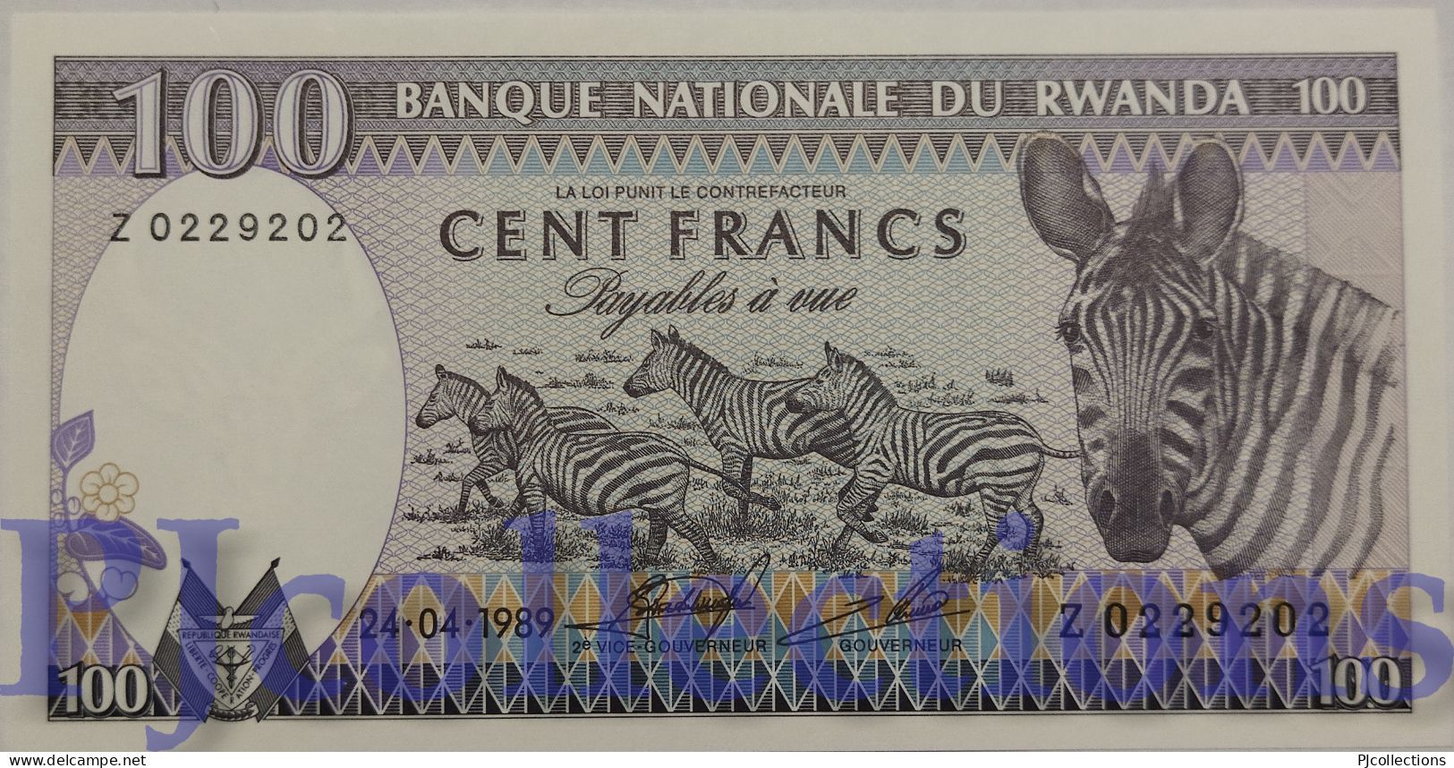 RWANDA 100 FRANCS 1989 PICK 19a REPLACEMENT UNC GOOD SERIAL NUMBER "Z0229202" - Rwanda