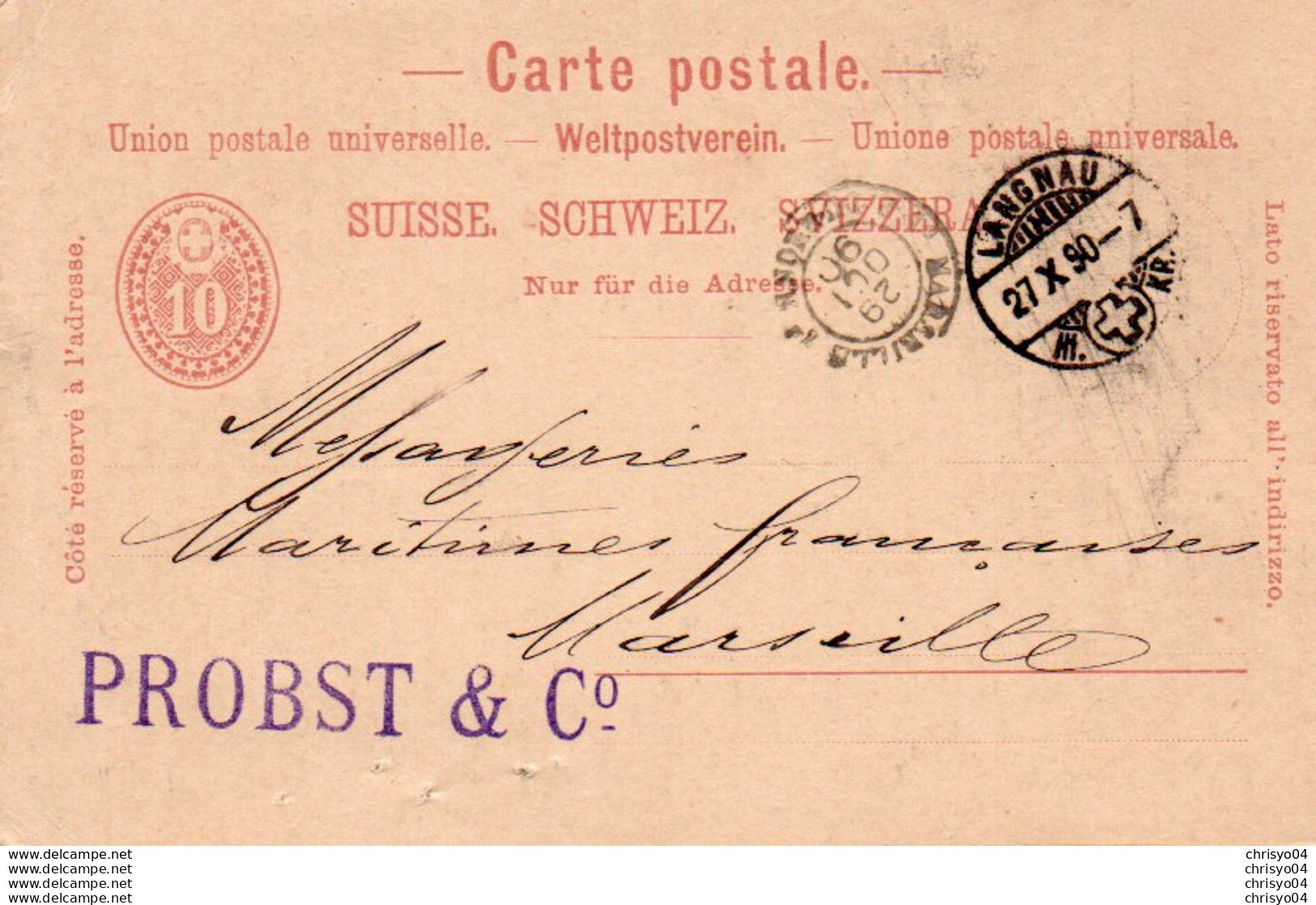 88Fo  Carte Postale Entier 1890 Suisse Langnau Probst & Co à Messageries Maritimes Marseille - Langnau Im Emmental
