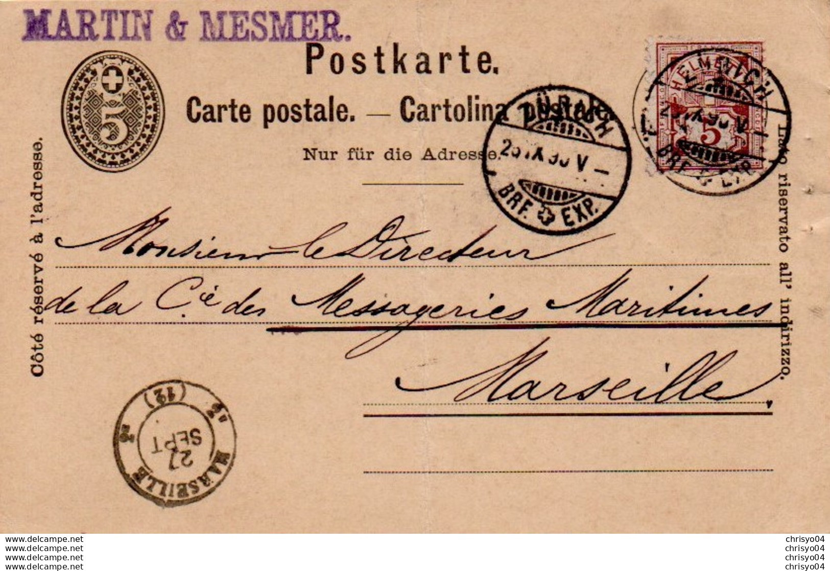 88Fo  Carte Postale Entier 1890 Zurich Martin & Mesmer à Messageries Maritimes Marseille - Saint-Martin