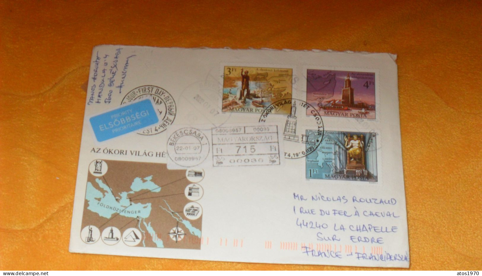 ENVELOPPE DE 2007../ CACHETS FDC, BEKESCSABA, RECOMMANDE HONGRIE POUR LA CHAPELLE SUR ERDRE + TIMBRES X3 - FDC