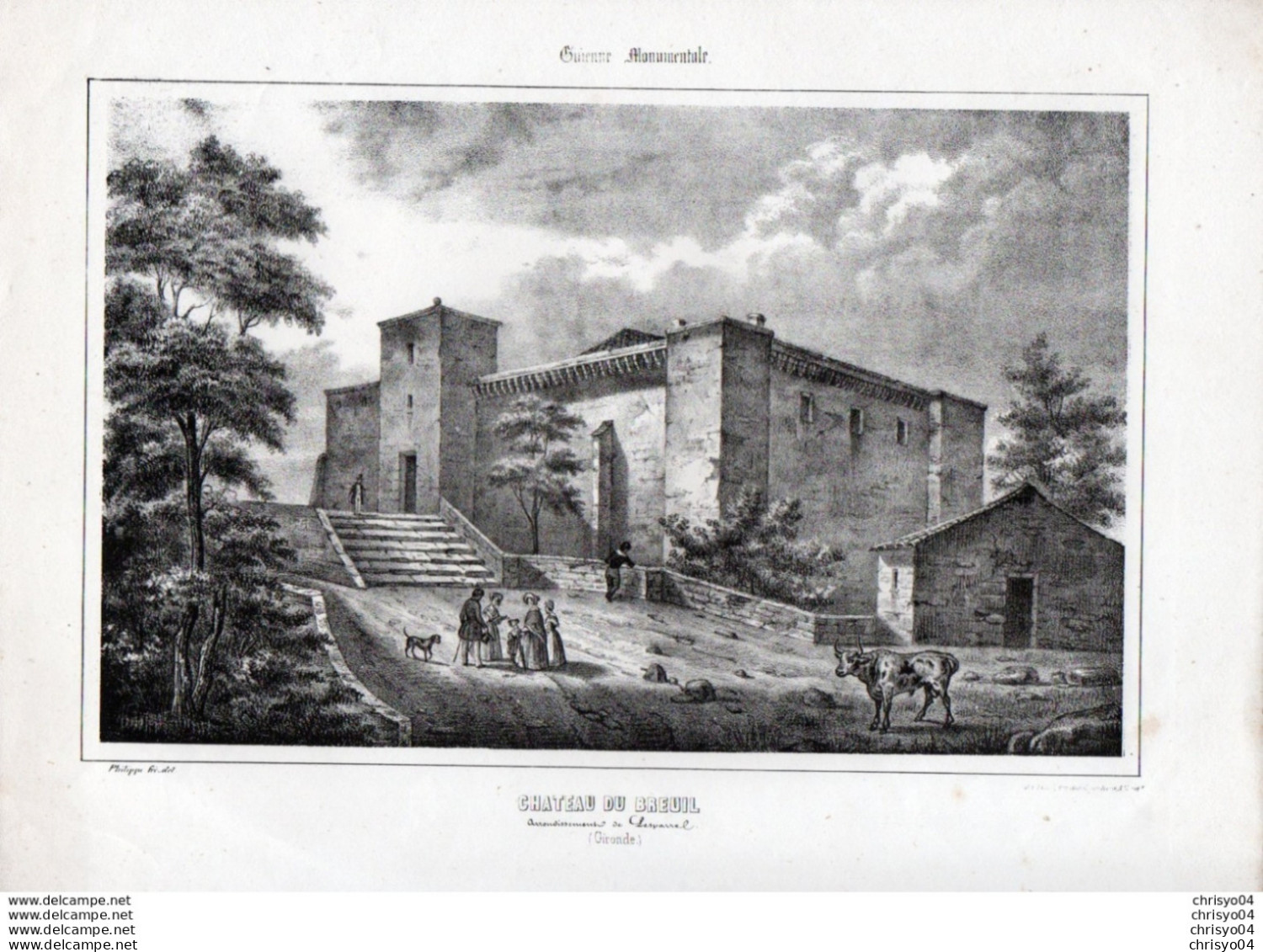 99Mq  Litho Lithographie Grande Gravure De Philippe 33 Chateau Du Breuil Arrondt De Lesparrel Lesparre - Lesparre Medoc