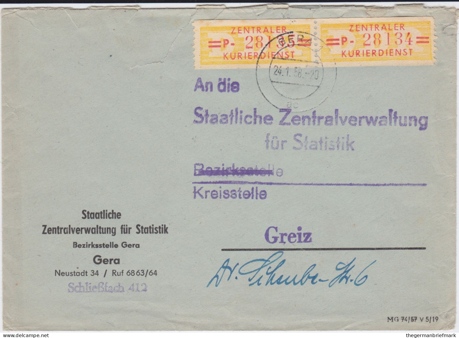 DDR Dienst B ZKD Mi 17 P (2) MeF Bf Gera 1958 - Lettres & Documents