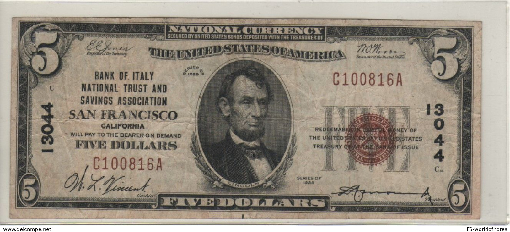 USA  Scarce  $ 5  "BANK OF ITALY" California  Dated 1929  Serie 13044  (President Lincoln) - California