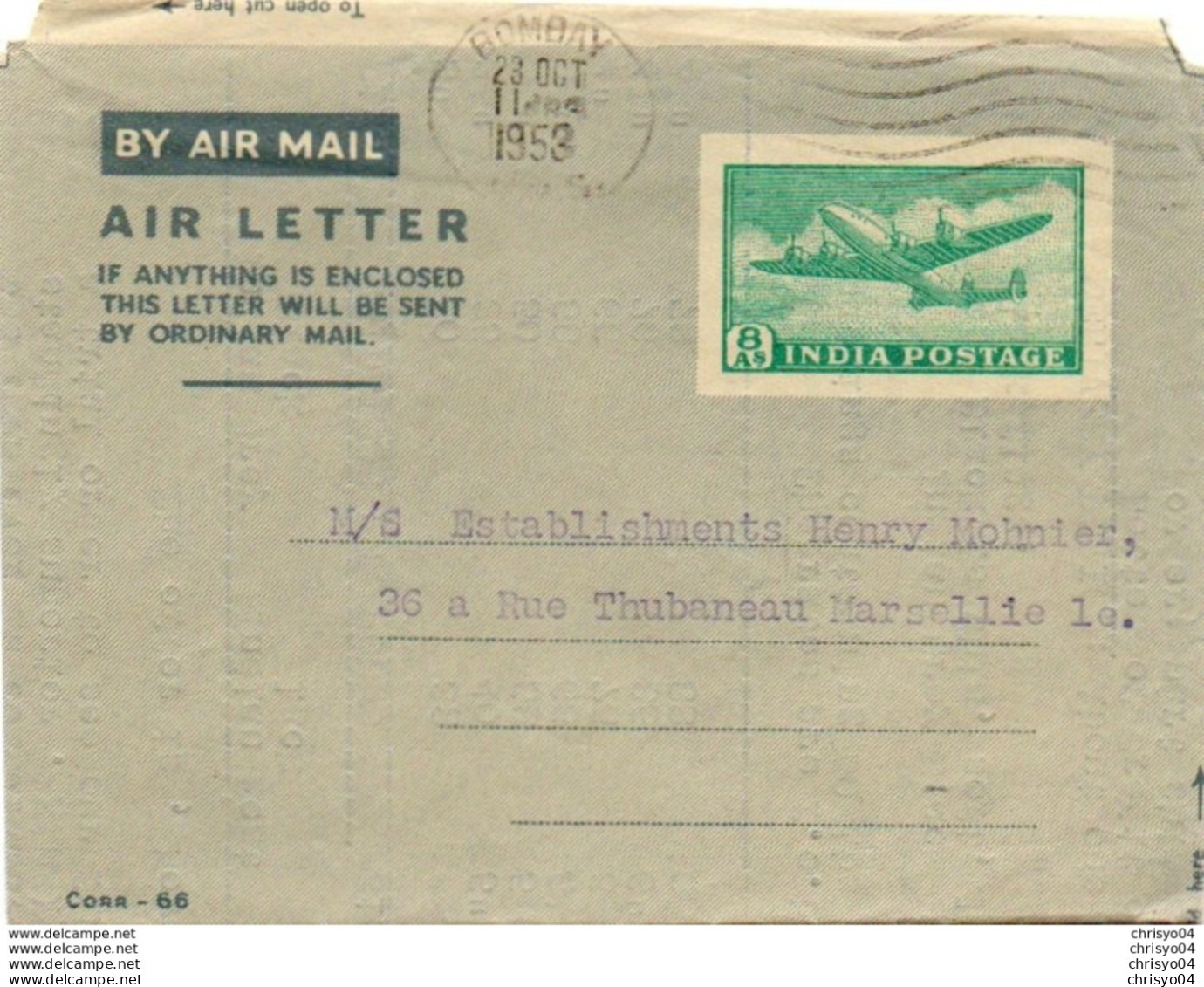 910Or  Courrier Lettre Inde India Postage Air Letter 1953 Pour Marseille Thubaneau - Brieven En Documenten