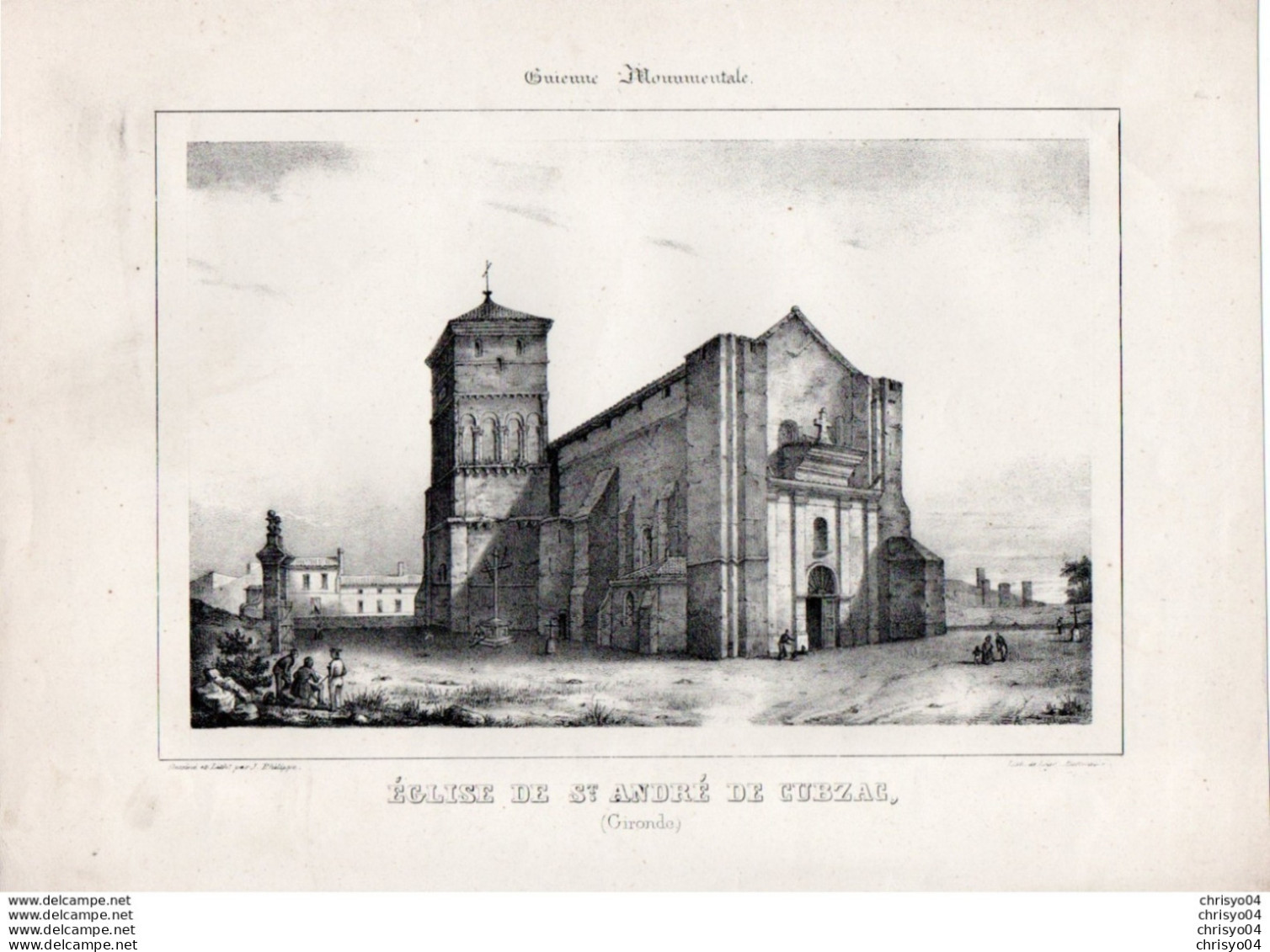 99Mq  Litho Lithographie Grande Gravure De Philippe 33 Cubzac église Saint André - Cubzac-les-Ponts