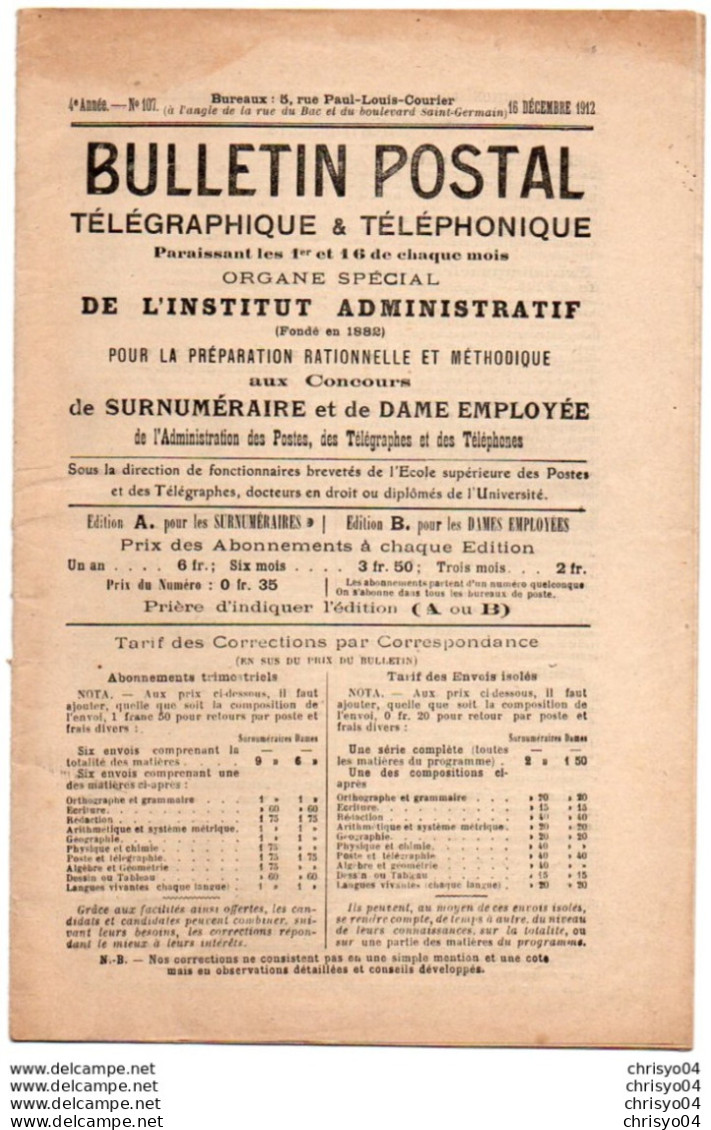 Gg03V   Bulletin Postal Telegraphique & Telephonique Concours Surnumeraire De Dame Employée De 1912 - Grossformat : 1901-20