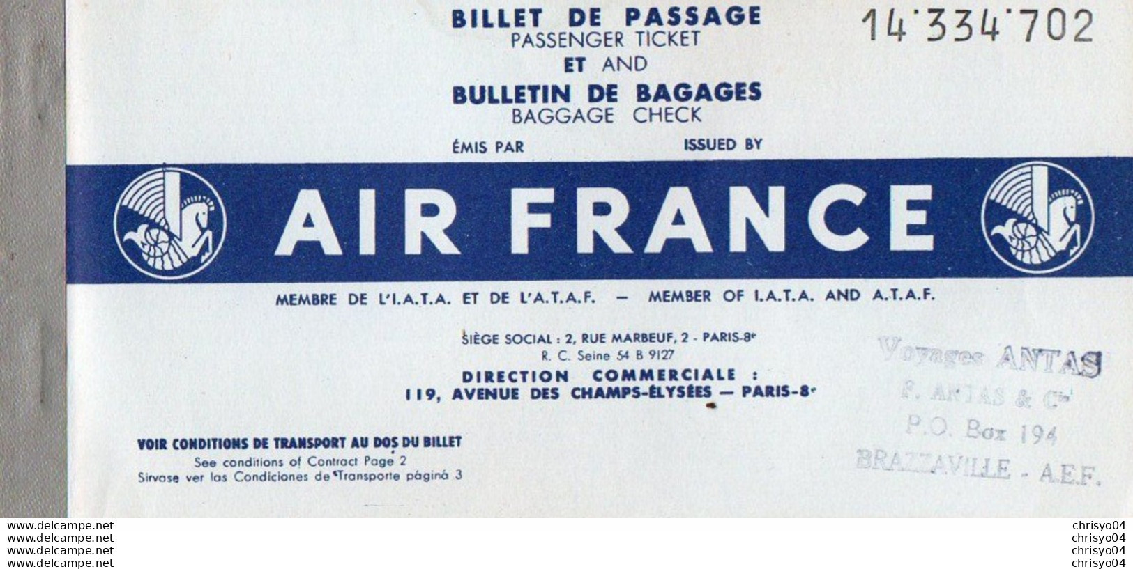 V12 65Sb   Aviation Air France Billet D'avion Pointe Noire à Brazzaville En 1959 - Otros & Sin Clasificación