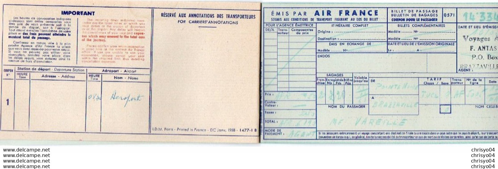 V12 65Sb   Aviation Air France Billet D'avion Pointe Noire à Brazzaville En 1959 - Other & Unclassified