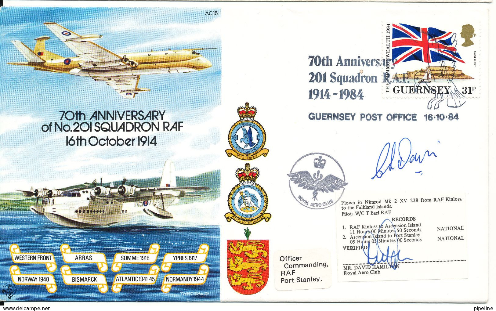 Guernsey Special Cover 70th Anniversary Of No. 201 Squadron RAF 16-10-1914 Guernsey 16-10-1984 With Cachet - Guernesey