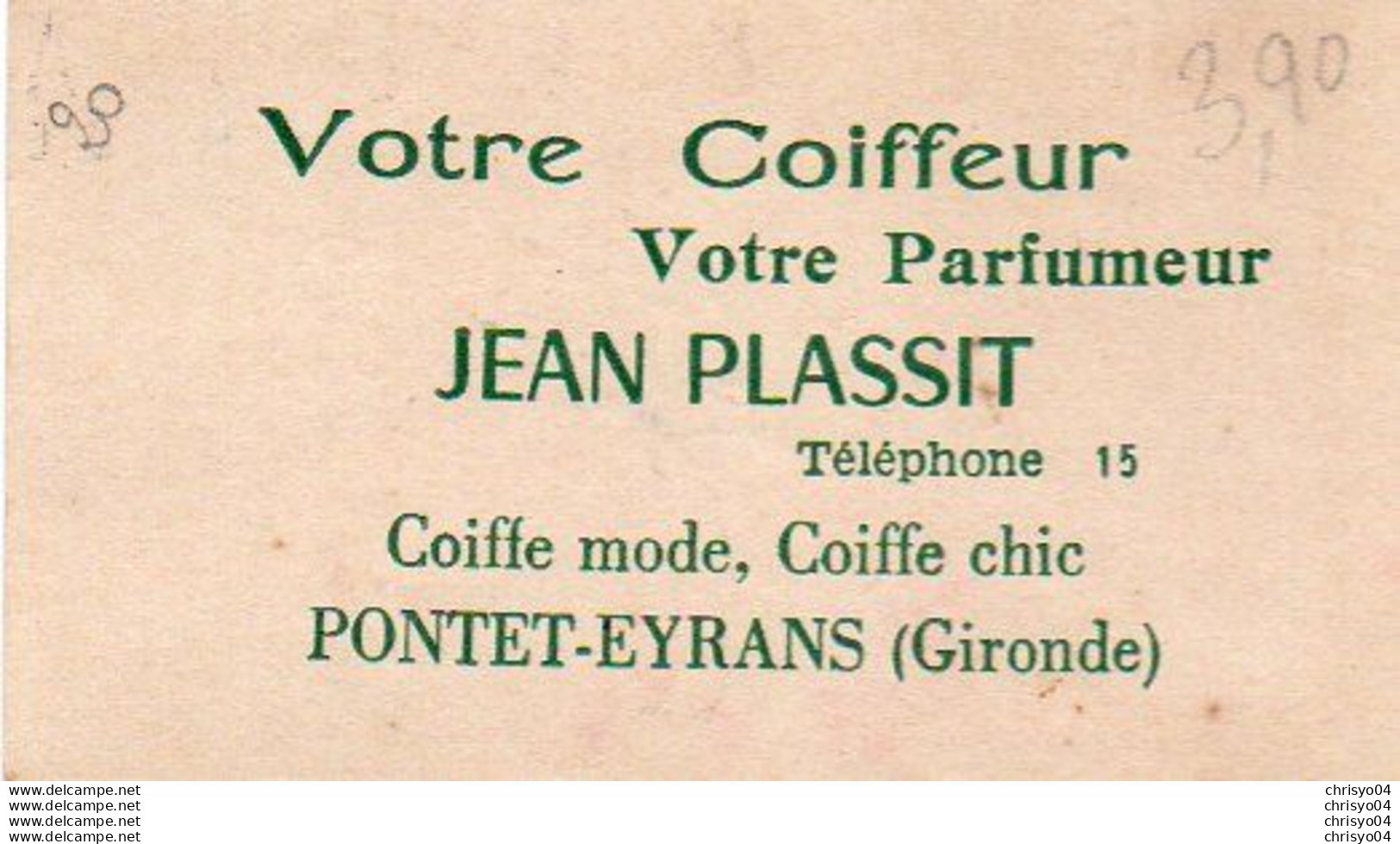 V11 96Hs Carte Parfumée Parfum Pompeïa L.T. Piver Paris Parfumerie Coiffeur Jean Plassit à Pontet Eyrans - Anciennes (jusque 1960)