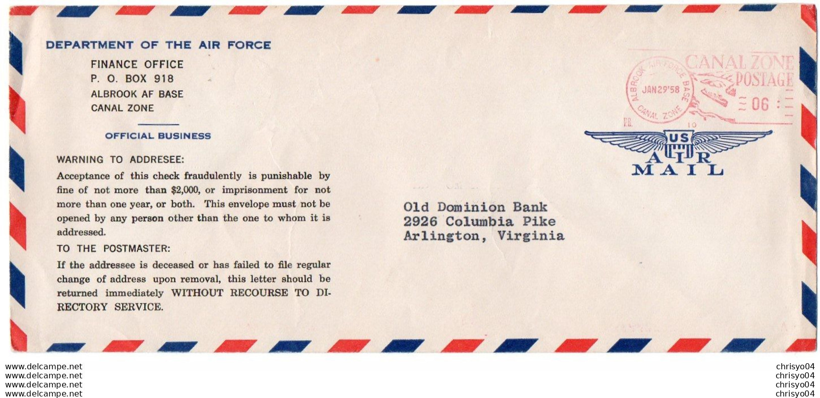 V11 96Hs  Courrier Air Mail Oblitération Timbres USA Department Of The Air Force Double Obliteration 1958 - Storia Postale