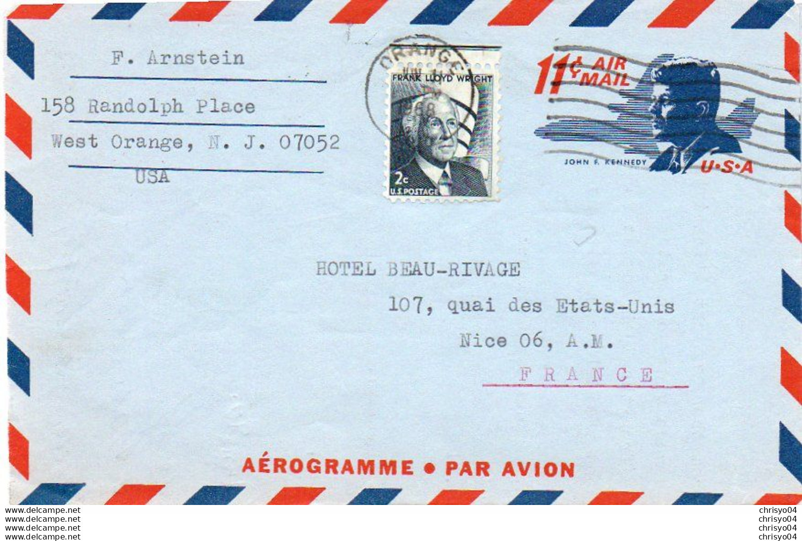 V11 96Hs  Courrier Air Mail Oblitération Timbres USA West Orange To Nice En 1968 - Covers & Documents