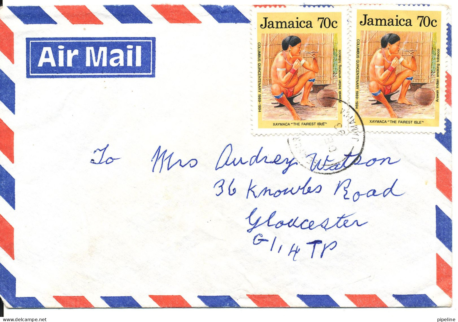 Jamaica Air Mail Cover Sent To England 7-12-1993 (the Flap On The Backside Of The Cover Is Missing) - Jamaica (1962-...)