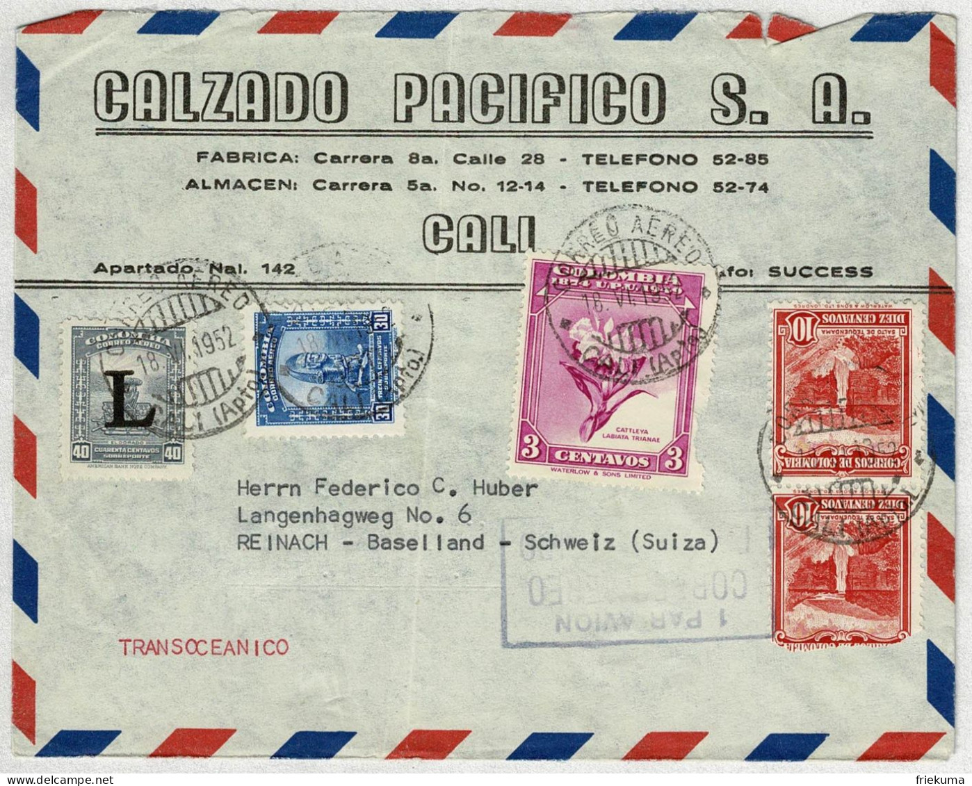 Kolumbien / Colombia 1952, Luftpostbrief Cali - Reinach (Schweiz) - Colombia