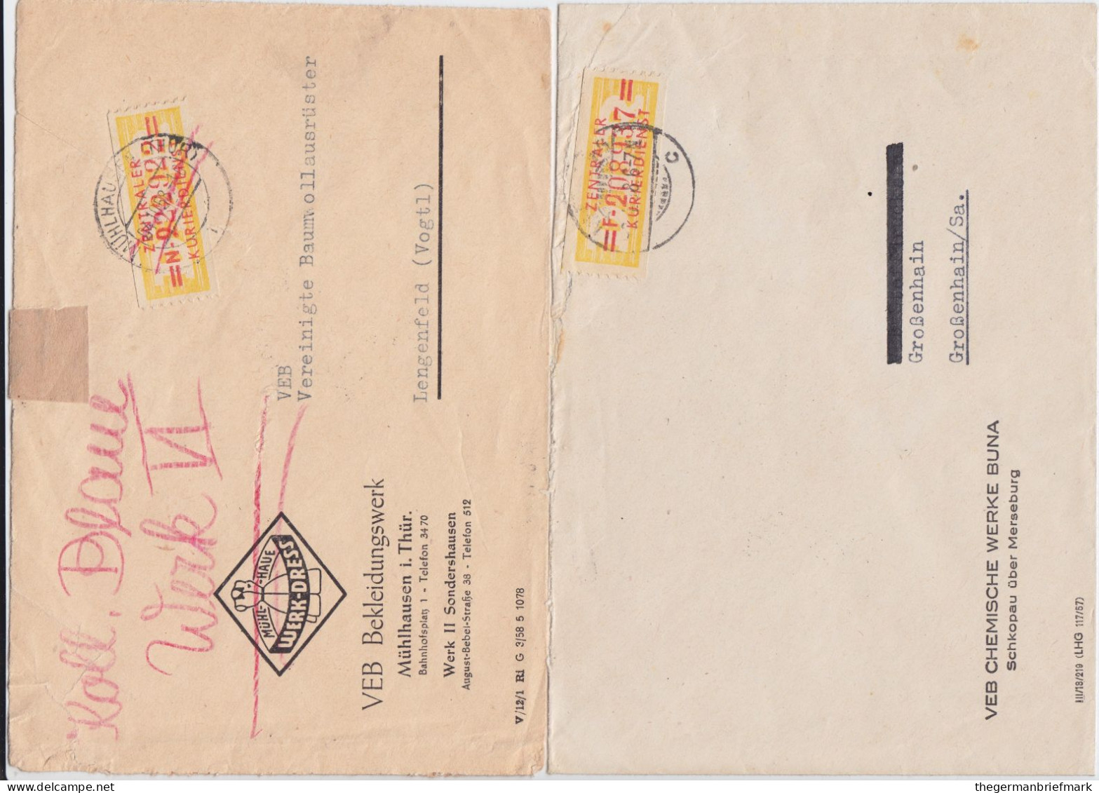 DDR Dienst B ZKD Mi 17 N + F 2 Bfe Mühlhausen + Merseburg 1958 - Covers & Documents