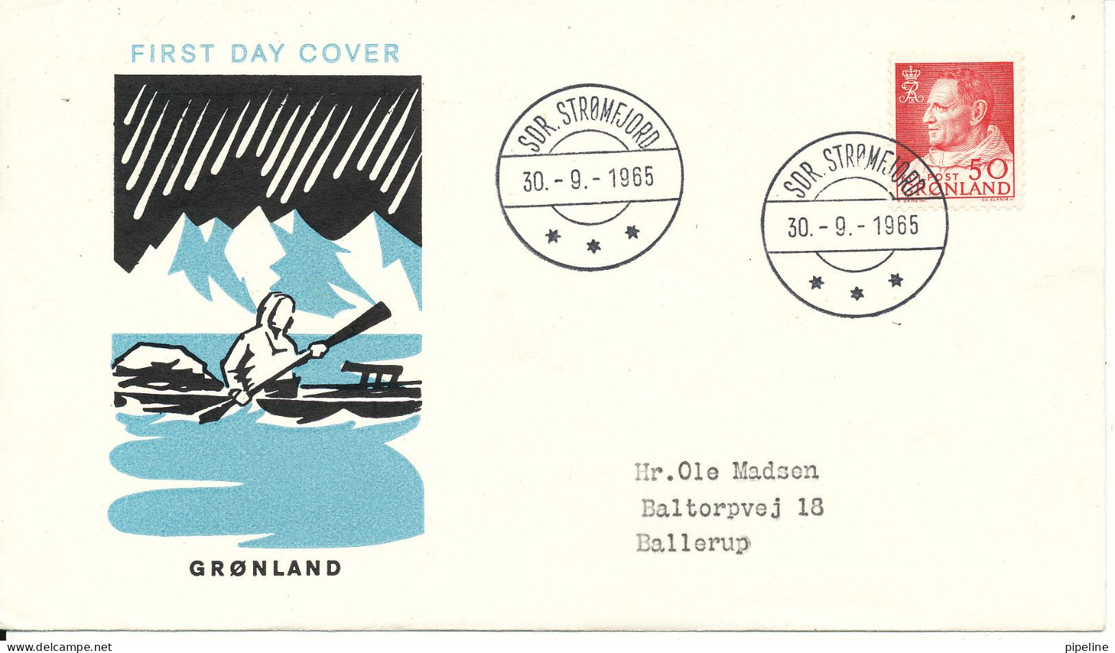 Greenland Unofficial FDC 30-9-1965 Frederik IX 50 Ore With Cachet Sent To Denmark - FDC