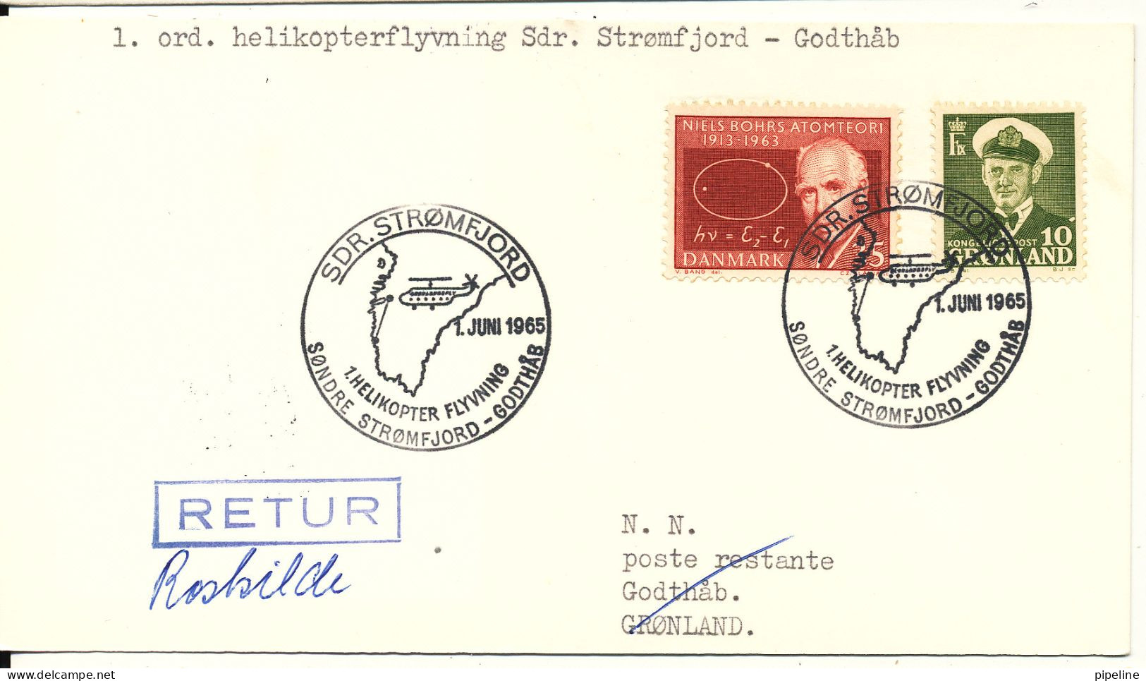 Greenland First HELICOPTER FLIGHT SDR. STROMFJORD - GODTHAB 1-6-1965 With A Danish And A Greenland Stamp - Sonstige & Ohne Zuordnung