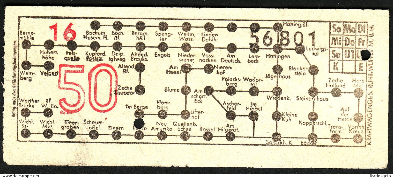 Wuppertal Kraftwagenverkehr Ruhr-Wupper ~1952 0,50 DM Omnibus- Fahrschein Boleto Biglietto Ticket Billet - Europa