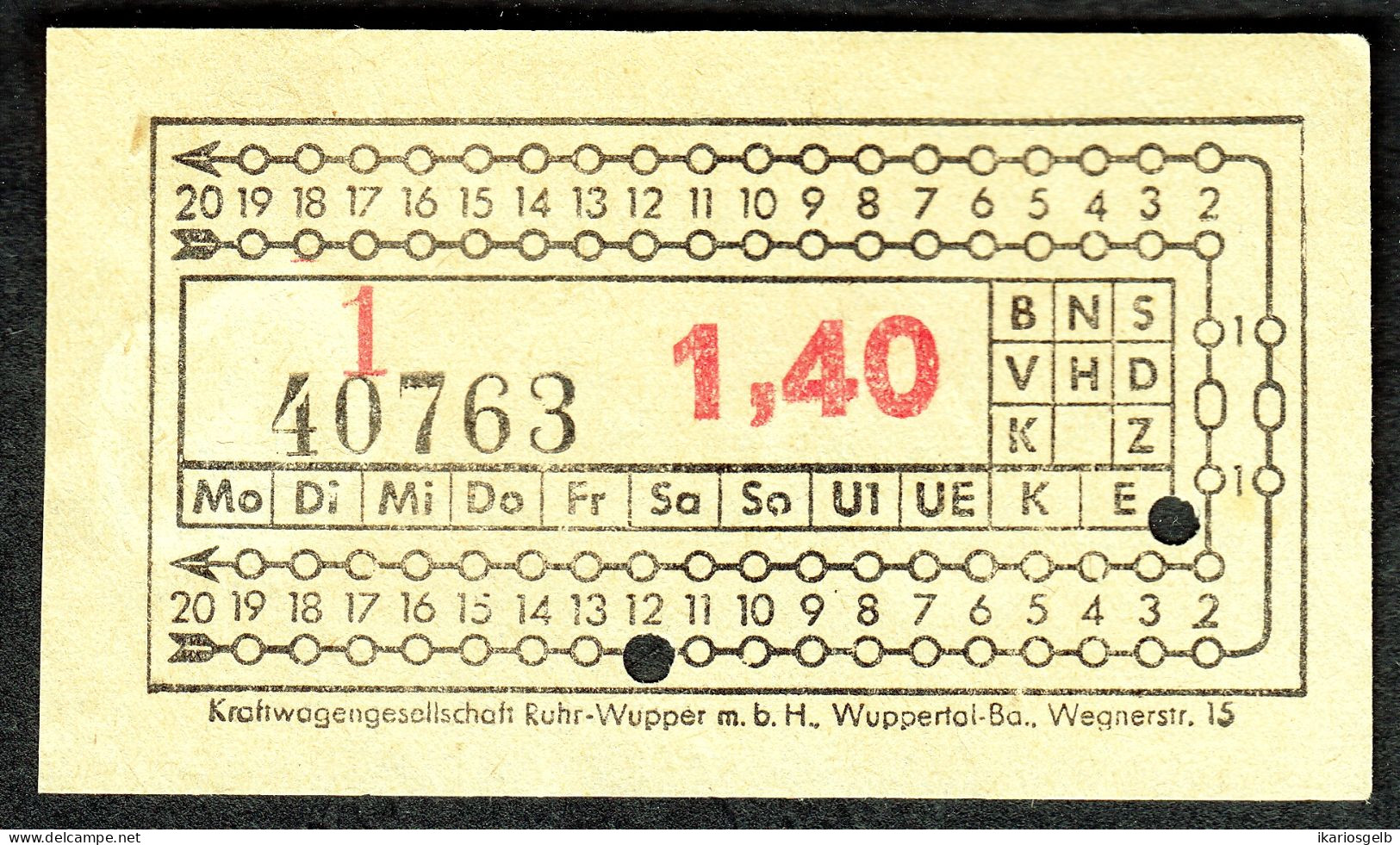 Wuppertal Kraftwagenverkehr Ruhr-Wupper ~1952 1,40 DM Überland Omnibus- Fahrschein Boleto Biglietto Ticket Billet - Europe