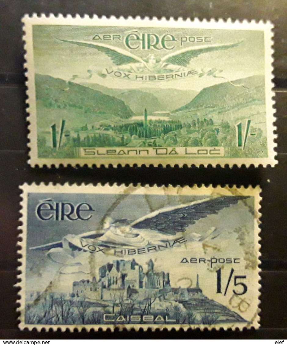 EIRE IRELAND IRLANDE 1948 - 1965 Airmail Yvert No 5 , 1 Shilling Vert Gris Neuf ** MNH & No 7 , 1 / 5 Bleu Foncé Obl, TB - Poste Aérienne