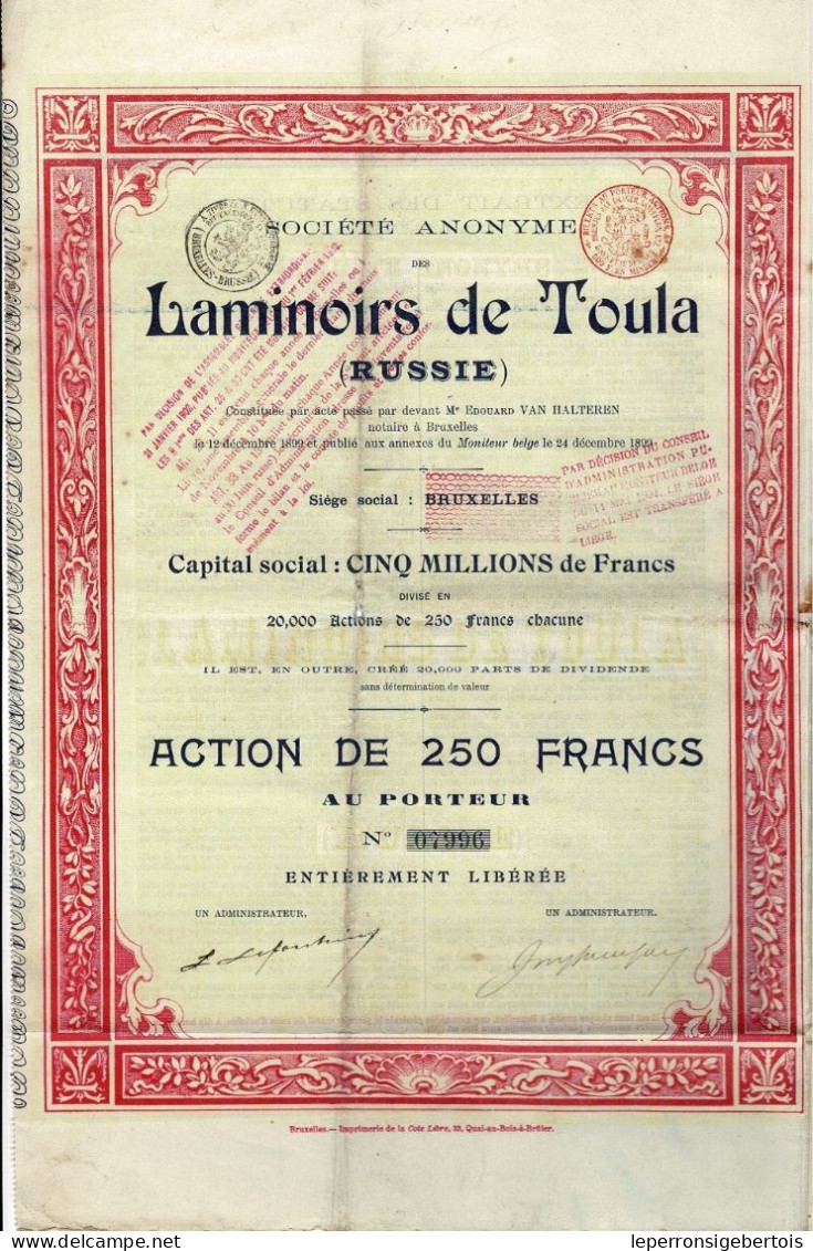 Titre De 1899 - Société Anonyme Des Laminoirs De Toula - Russie - Russland