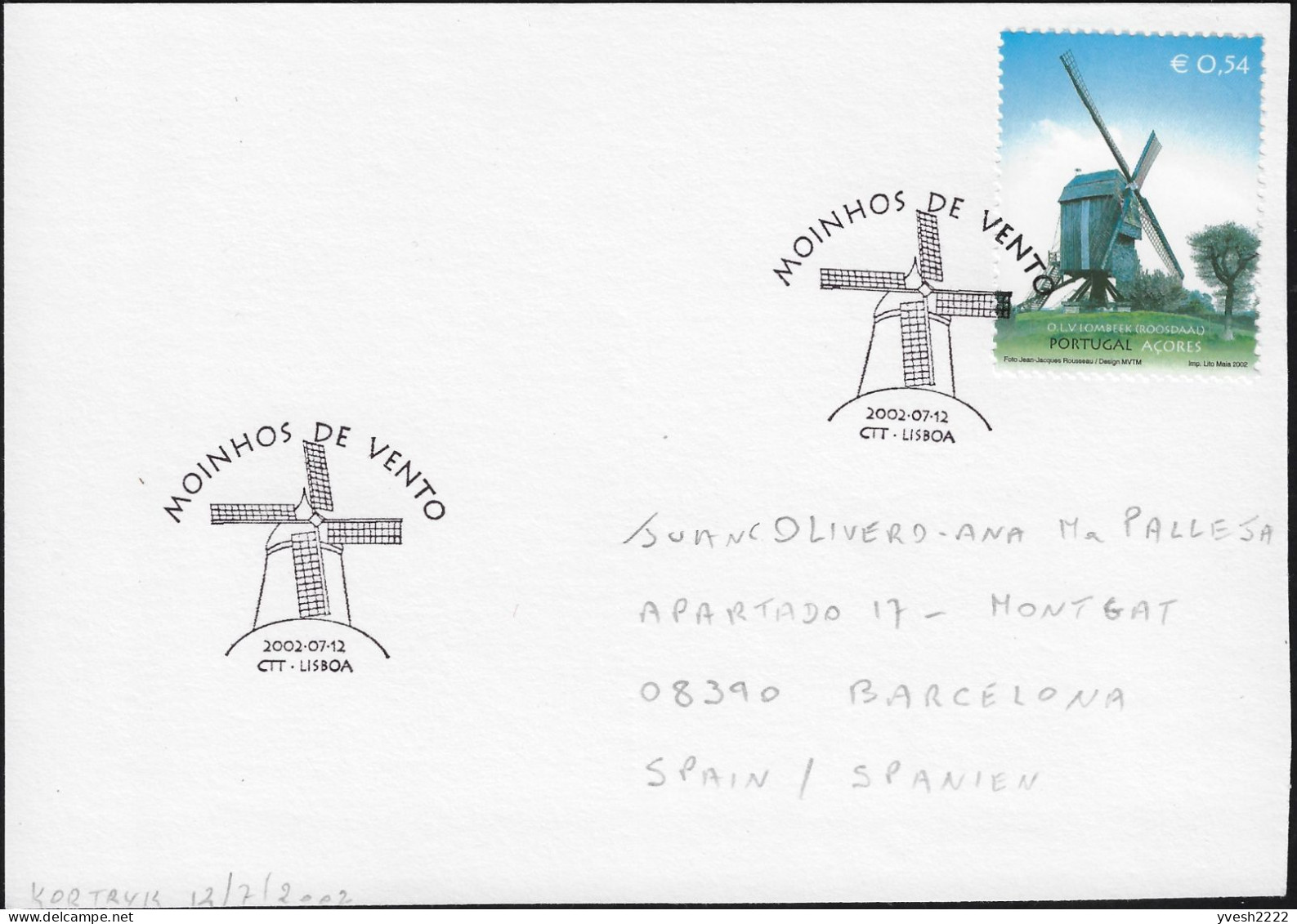 Portugal (Açores) 2002 Y&T 482 Et 483. Oblitérations Premier Jour. Émission Commune Avec La Belgique. Moulins à Vent - Windmills