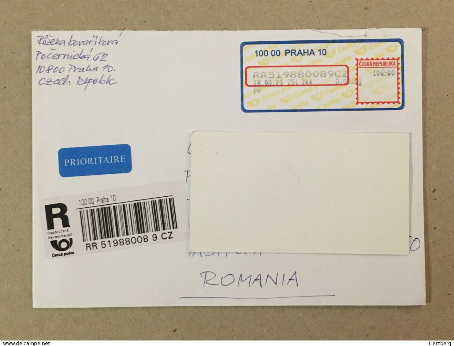 Ceska Republika Ceska Posta Used Letter Stamp Circulated Cover Registered Barcode Label Printed Sticker Praha 2023 - Altri & Non Classificati
