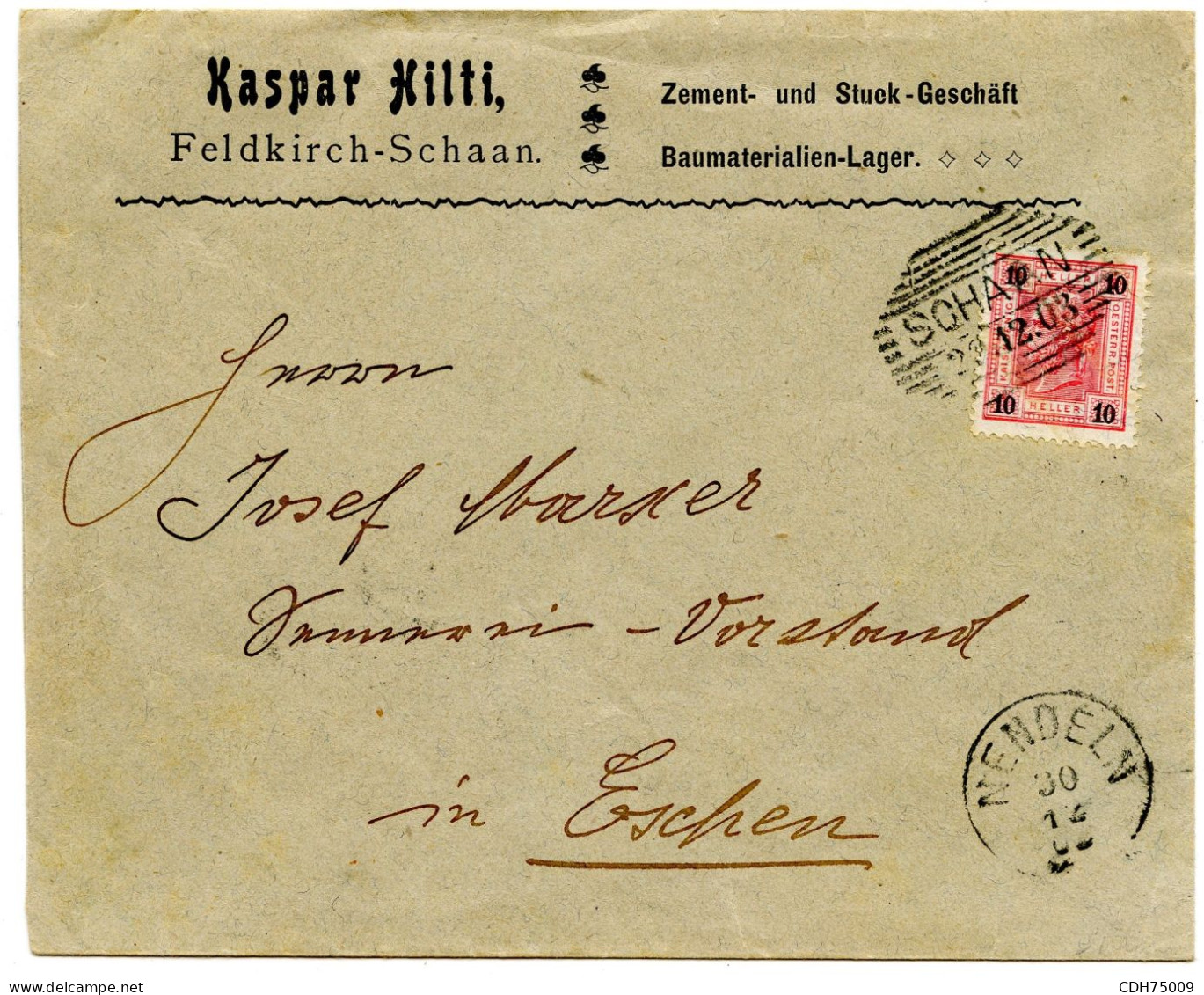 LIECHSTENSTEIN - AUTRICHE 10 H. SUR LETTRE DE SCHAAN POUR NENDELN, 1903 - ...-1912 Prephilately