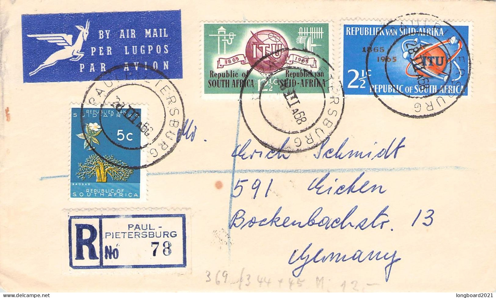 SOUTH AFRICA - REGISTERED AIRMAIL 1958 - EICKEN/DE / 5234 - Covers & Documents