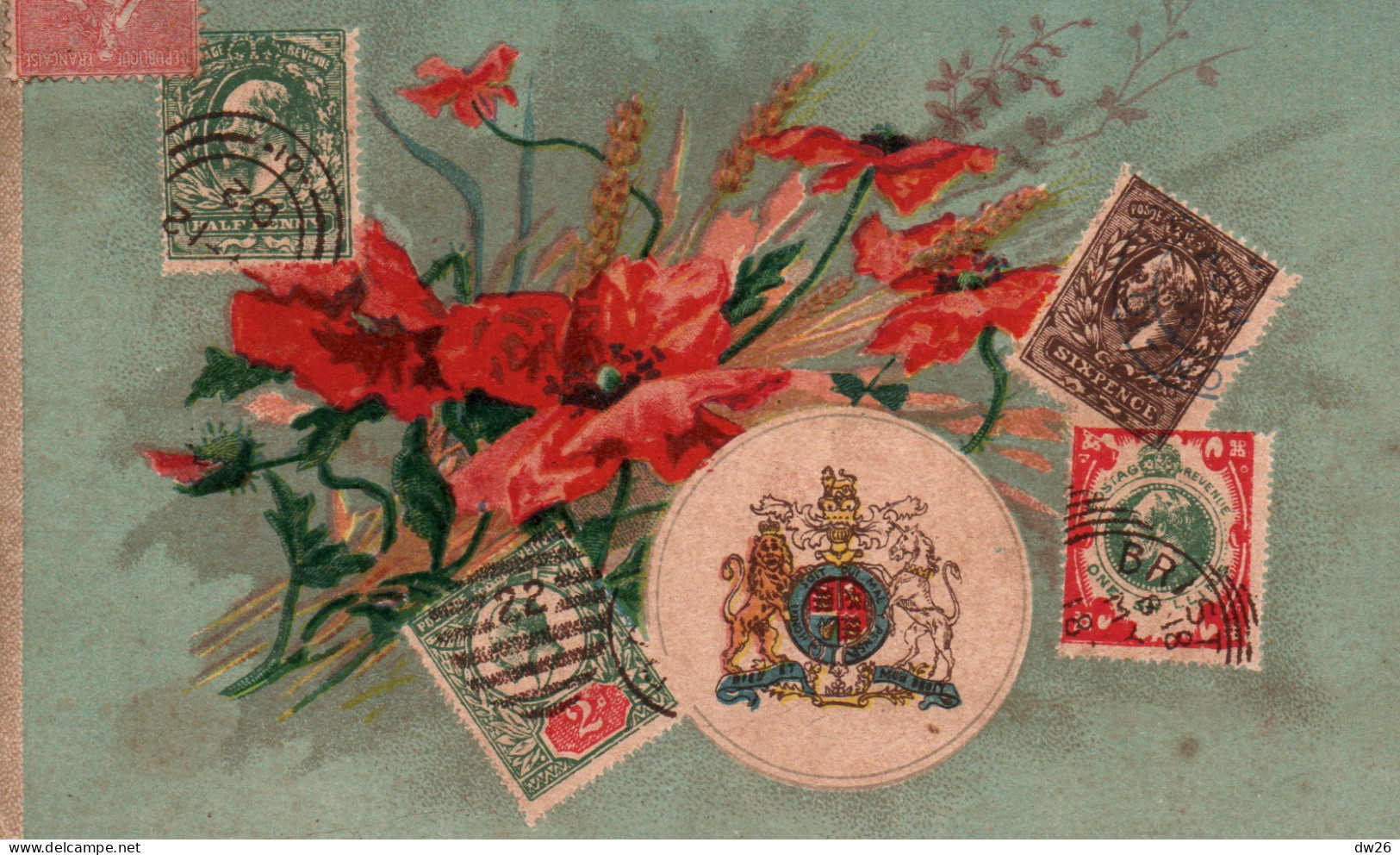 Représentation De Timbres: Stamps Postage Revenue - Lithographie: Fleurs Et Armoiries, Dieu Est Mon Droit - Carte 1906 - Briefmarken (Abbildungen)