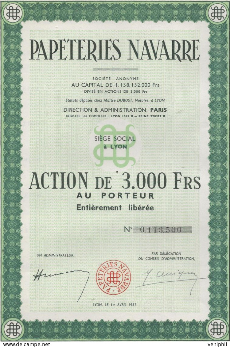 PAPETERIES DE NAVARRE  - LYON - ACTION DE 3000 FRANCS - ANNEE 1951 - Industry