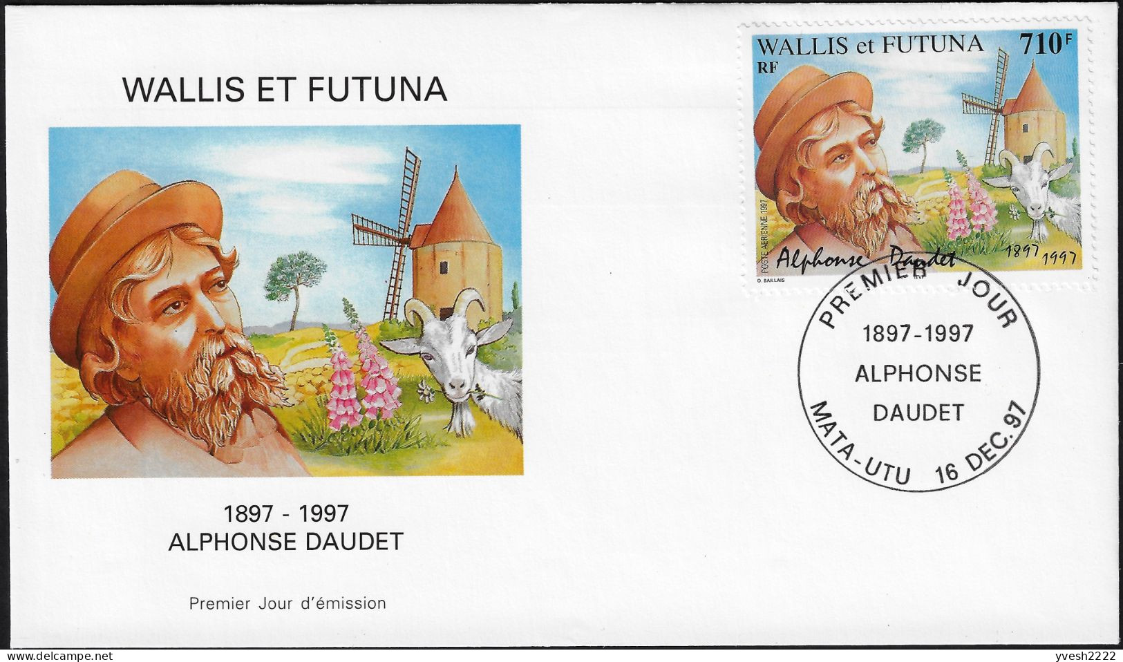 Wallis & Futuna 1997 Y&T PA 202. Enveloppe 1er Jour. Alphonse Daudet, Son Moulin à Vent Et Sa Biquette - Windmills