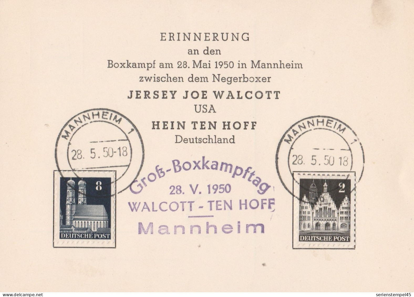 Motiv Sport Boxen Mannheim 1950 Groß Boxkampftag 28.5.1950 Jersey Joe Walcott USA - Hein Ten Hoff Deutschland - Boxen