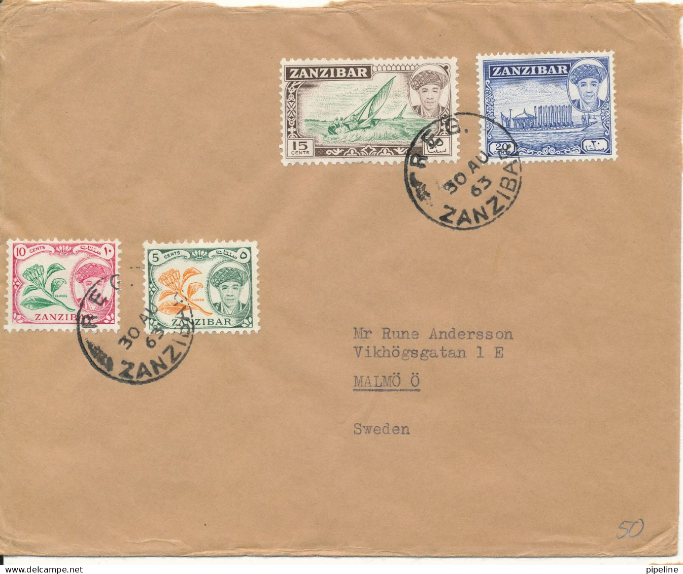 Zanzibar Cover Sent To Sweden 30-8-1963 Good Franked - Zanzibar (...-1963)