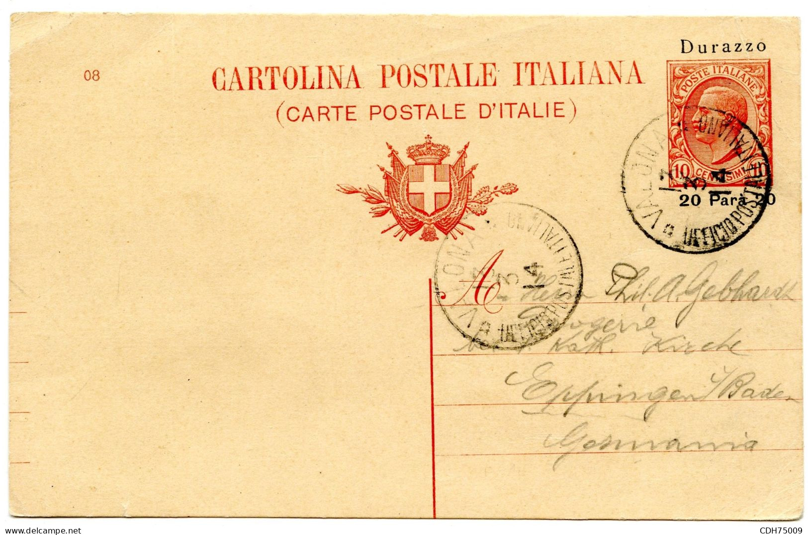 ITALIE - LEVANT - CARTE POSTALE 10C LEONI DE VALONA POUR L'ALLEMAGNE, 1914 - Albanië