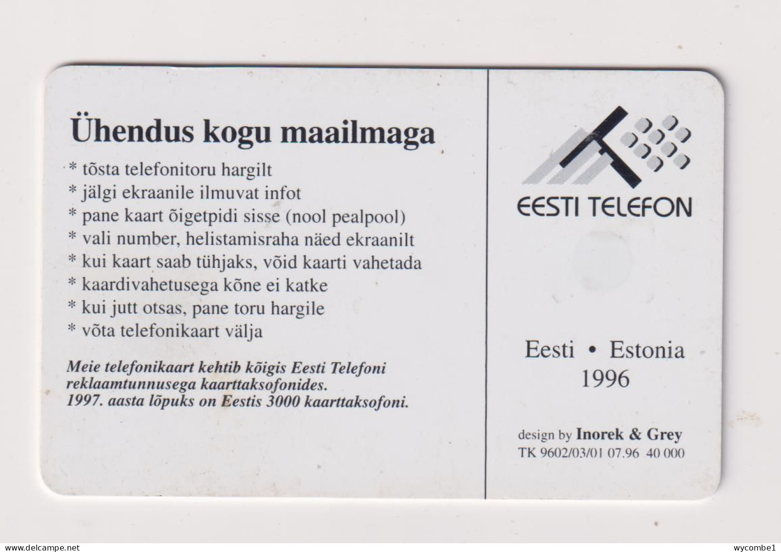 ESTONIA - 1996 100 Units Chip Phonecard - Estland