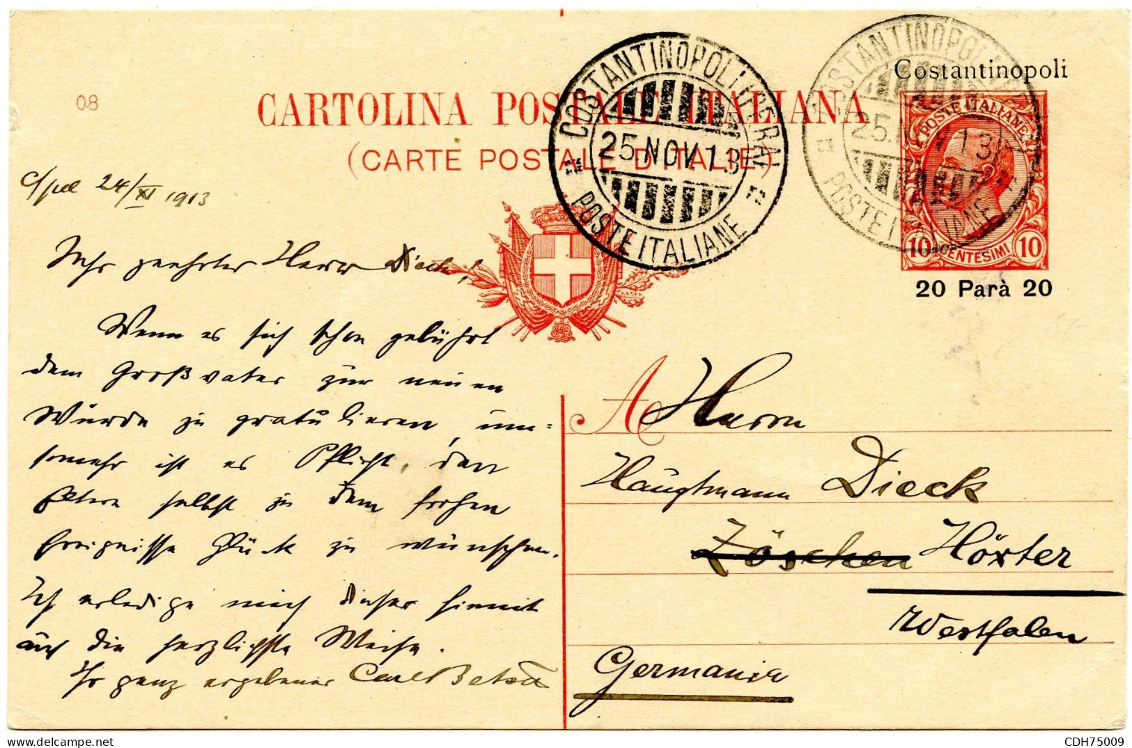 ITALIE - LEVANT - CARTE POSTALE 10C LEONI DE CONSTANTINOPLE POUR L'ALLEMAGNE, 1913 - European And Asian Offices