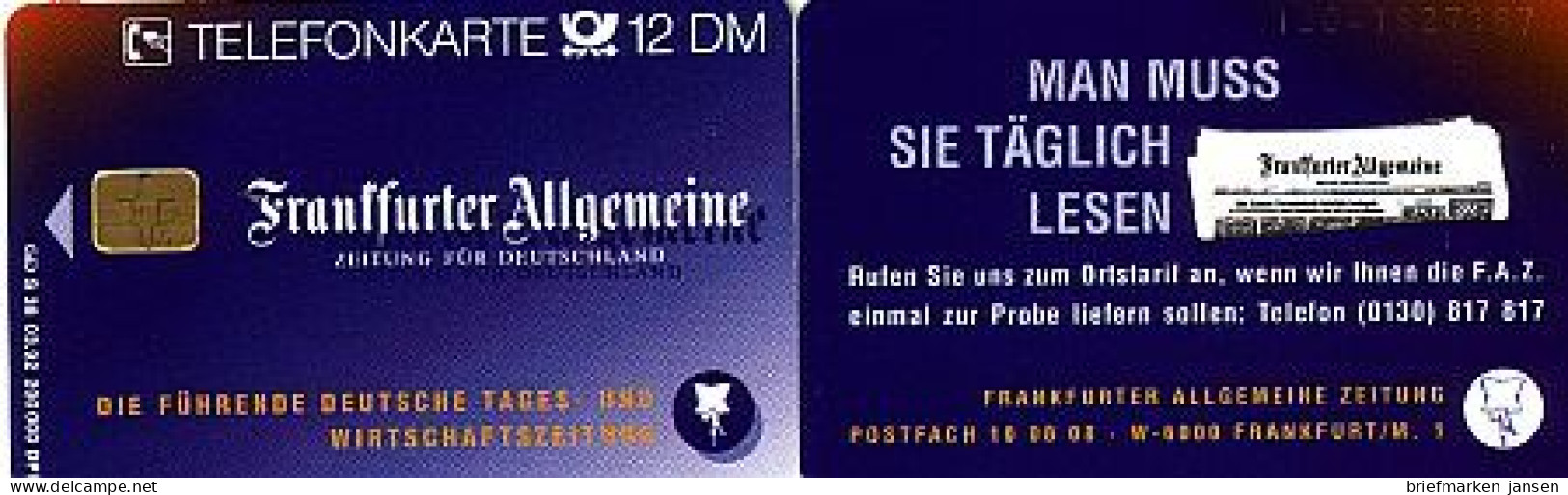 Telefonkarte S 38 03.92 Frankfurter Allgemeine Zeitung, DD 1204 Große Nr. - Sin Clasificación