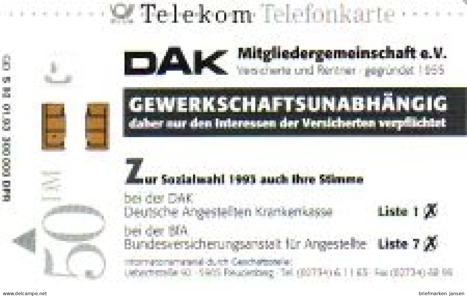 Telefonkarte S 92 01.93 DAK, DD 1302 - Sin Clasificación