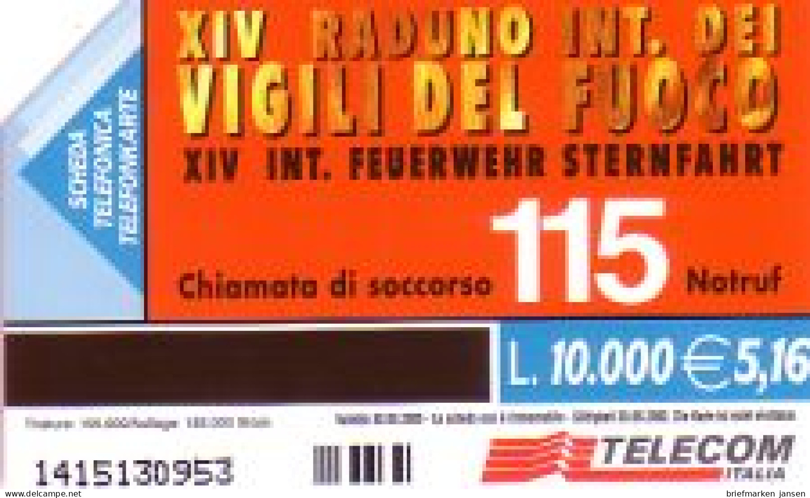 Telefonkarte Italien, Bruneck / Brunico Feuerwehr Sternfahrt, 10000/5,16 - Sin Clasificación