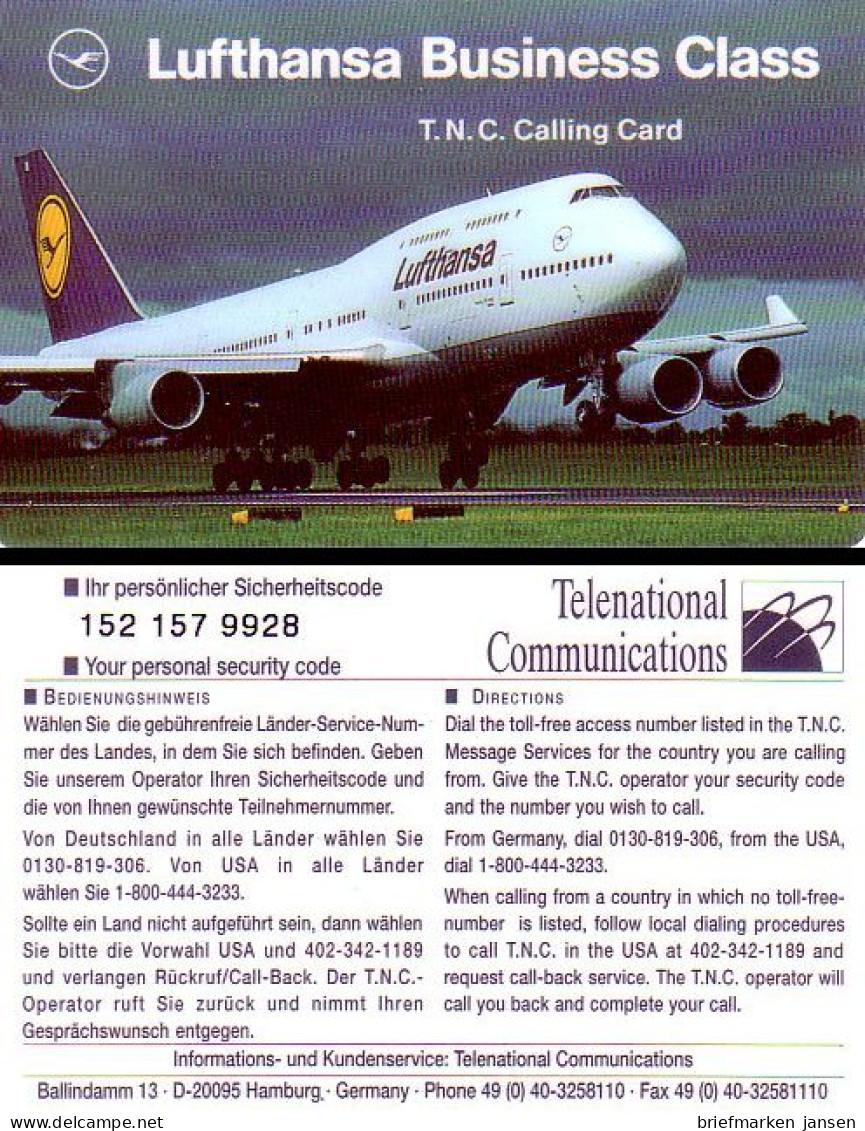 T.N.C. Calling Card, Lufthansa Business Class, Boeing 747 - Non Classés