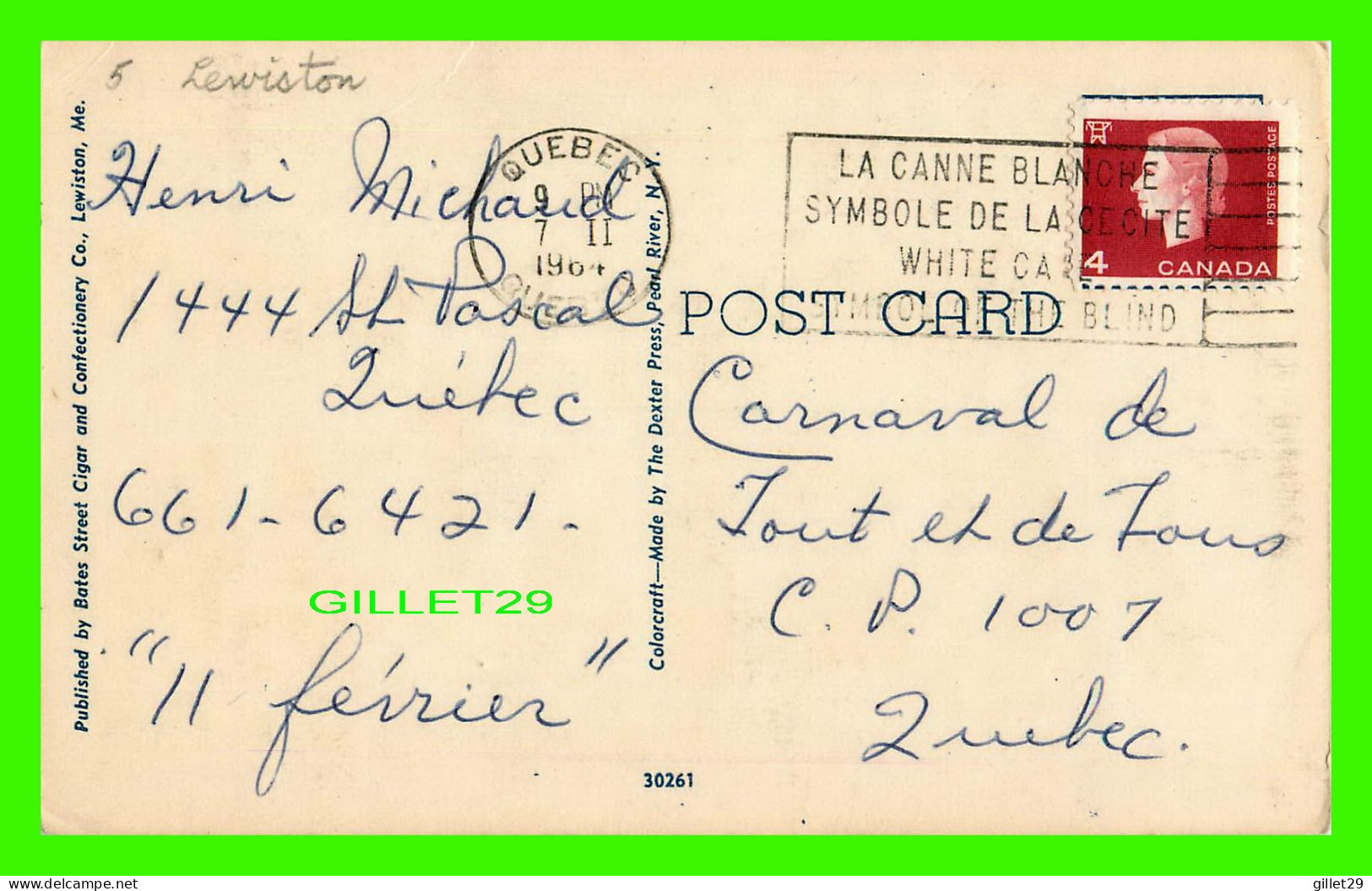 LEWISTON, ME - GREETINGS FROM -  TRAVEL IN 1964 -  PUB. BY BATES STREET CIGAR - THE DEXTER PRESS - - Lewiston