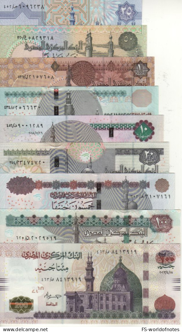 EGYPT  "special Offer"   Set Of 9 Notes  25 Piastre To 200 Pounds  (25-50-1-5-10-20-50-100-200)  P57-P70 To P77  UNC - Egipto