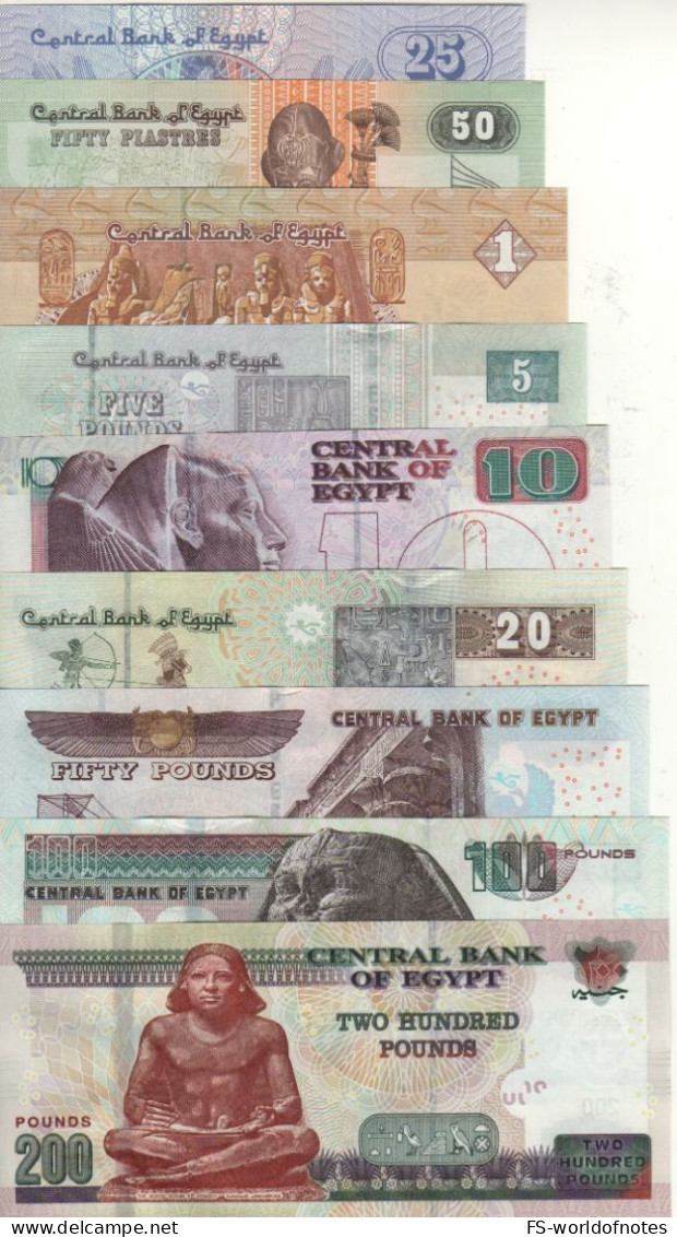 EGYPT  "special Offer"   Set Of 9 Notes  25 Piastre To 200 Pounds  (25-50-1-5-10-20-50-100-200)  P57-P70 To P77  UNC - Egipto