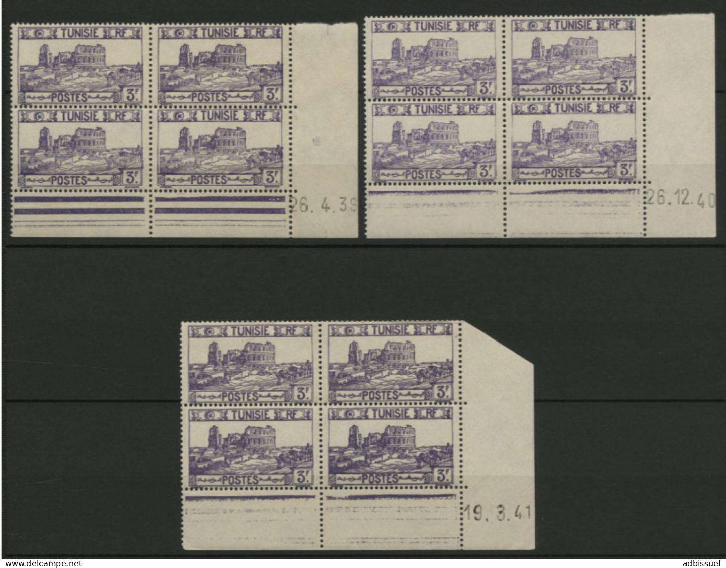 TUNISIE N° 220 3 Blocs Avec Coin Daté Du 26/4/39 Et 26/12/40 Et 19/3/41 Neufs Sans Charnière ** (MNH). TB - Nuovi