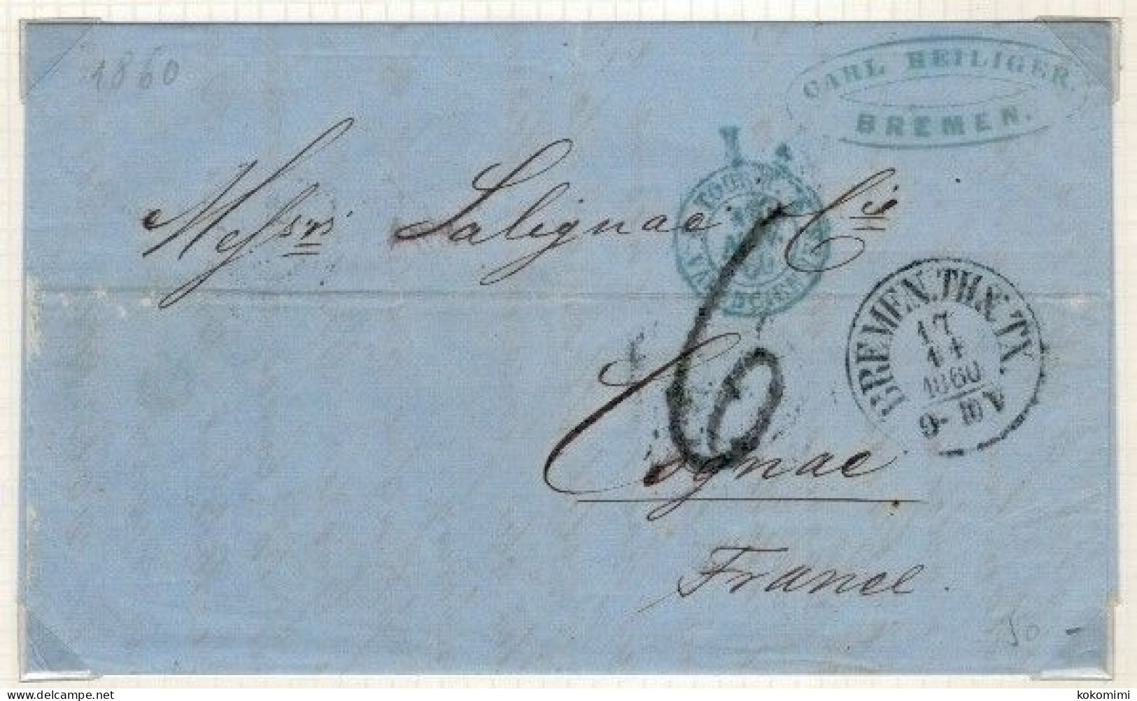 Lettre De BREMEN Pour COGNAC  Avec Cachet D'entrée TOUR  VALENCIENNES 1  En Bleu - Marques D'entrées